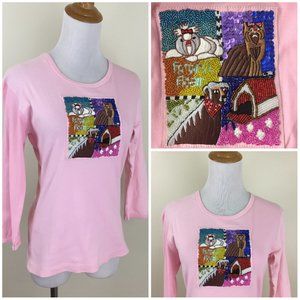 NWOT KOLORWAY USA Pink Multi-Color Beaded Dogs Puppies Embellished Shirt